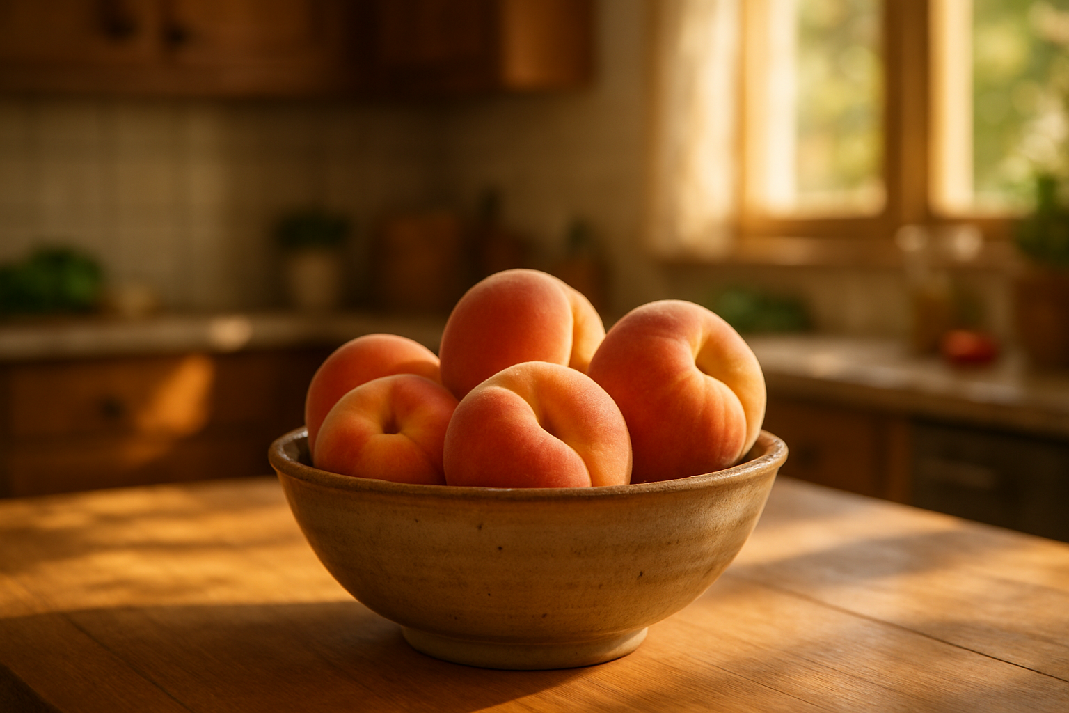Peaches in a bowl in a kitchen