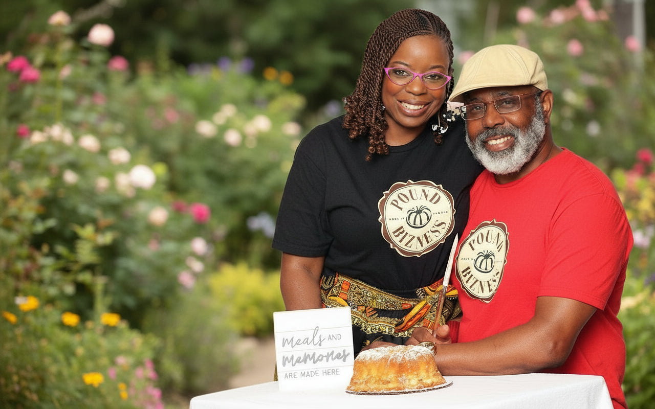 Pound Bizness owners Reggie and Nicole Borders smiling in a garden, ready to answer customer inquiries.