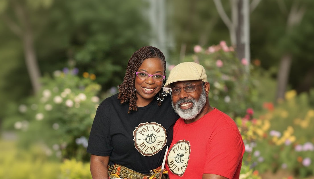 Pound Bizness owners Reggie and Nicole Borders smiling in a garden, ready to answer customer inquiries.