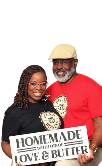 Pound Bizness owners Reggie and Nicole Borders smiling, mobile banner view.