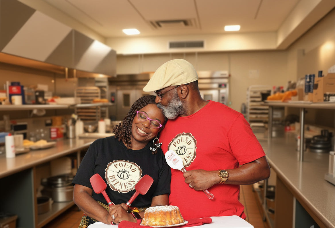 Reggie and Nicole Borders, owners of Pound Bizness, sharing a moment in their commercial kitchen with fresh bundt cakes cooling in the background.